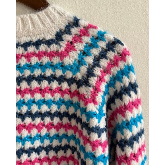 Zara NWT Chunky White Blue Pink Striped Knit Crewneck Pullover Sweater Medium - Picture 8 of 16
